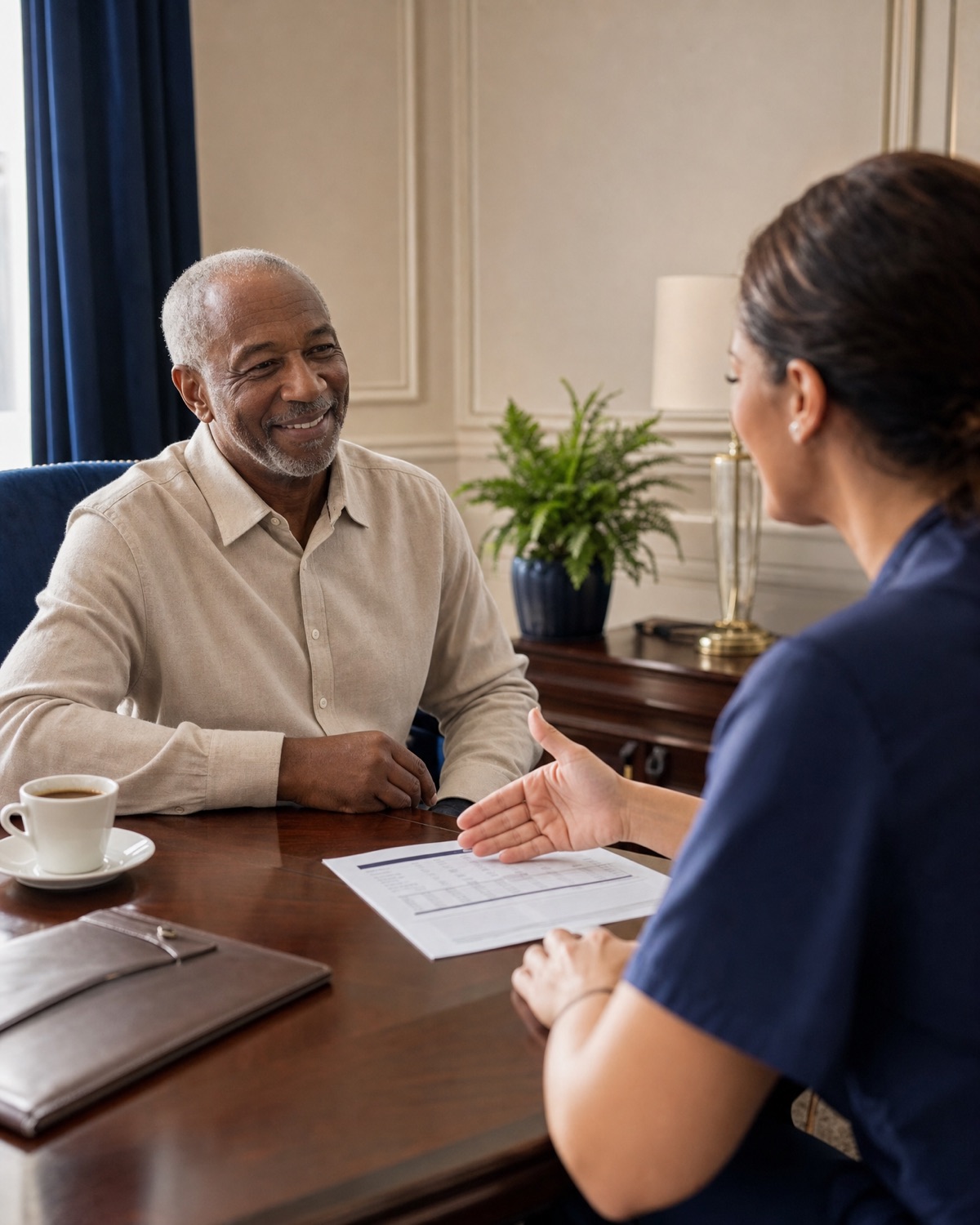 A clinical trial volunteer in a relaxed consultation with a study coordinator
