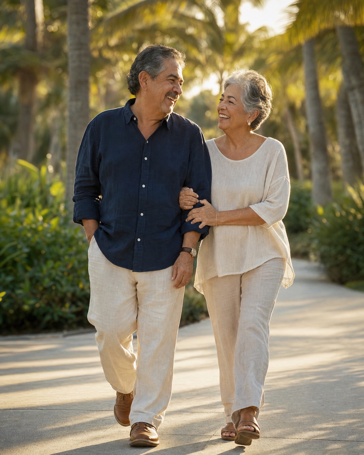 An older couple walking arm in arm along a palm-lined path at golden hour