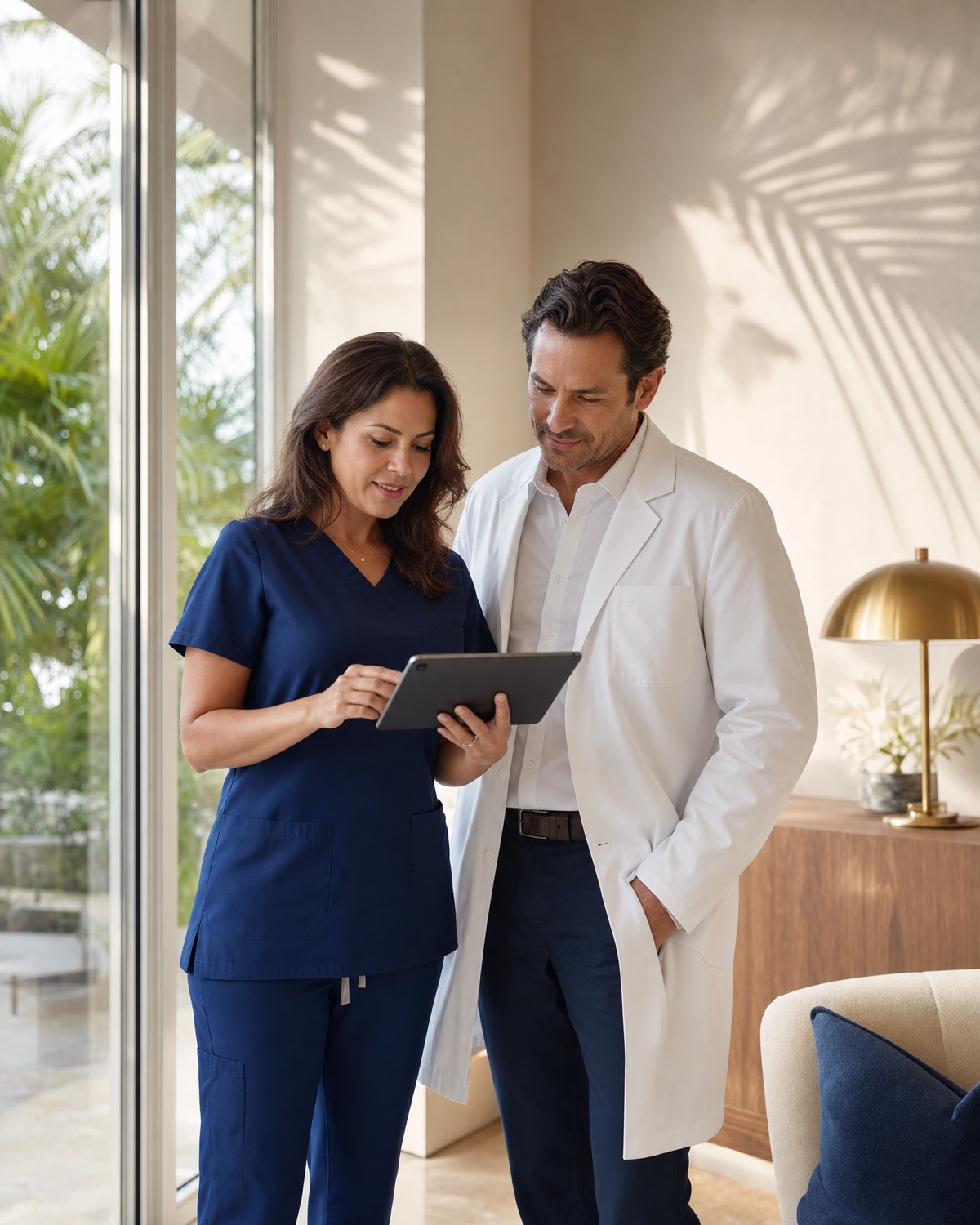 A USPA clinical research coordinator and physician reviewing study data together in the South Miami clinic