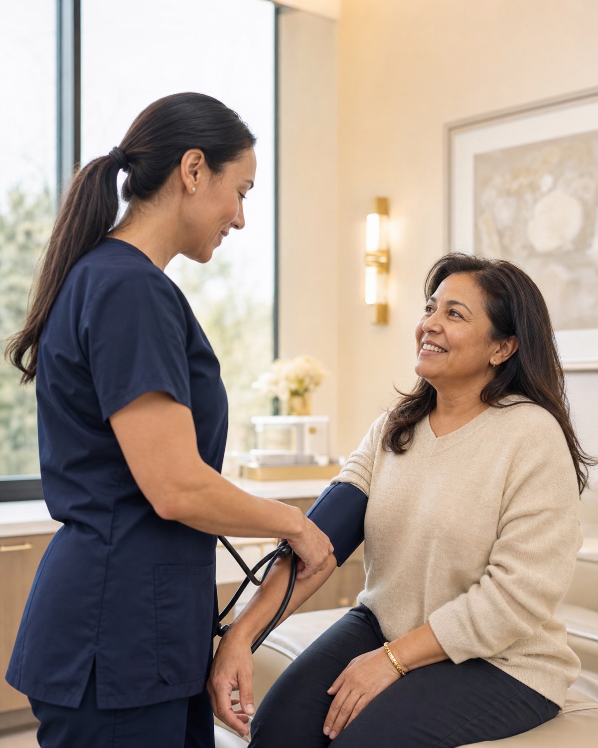 A nurse checking a smiling patient's blood pressure