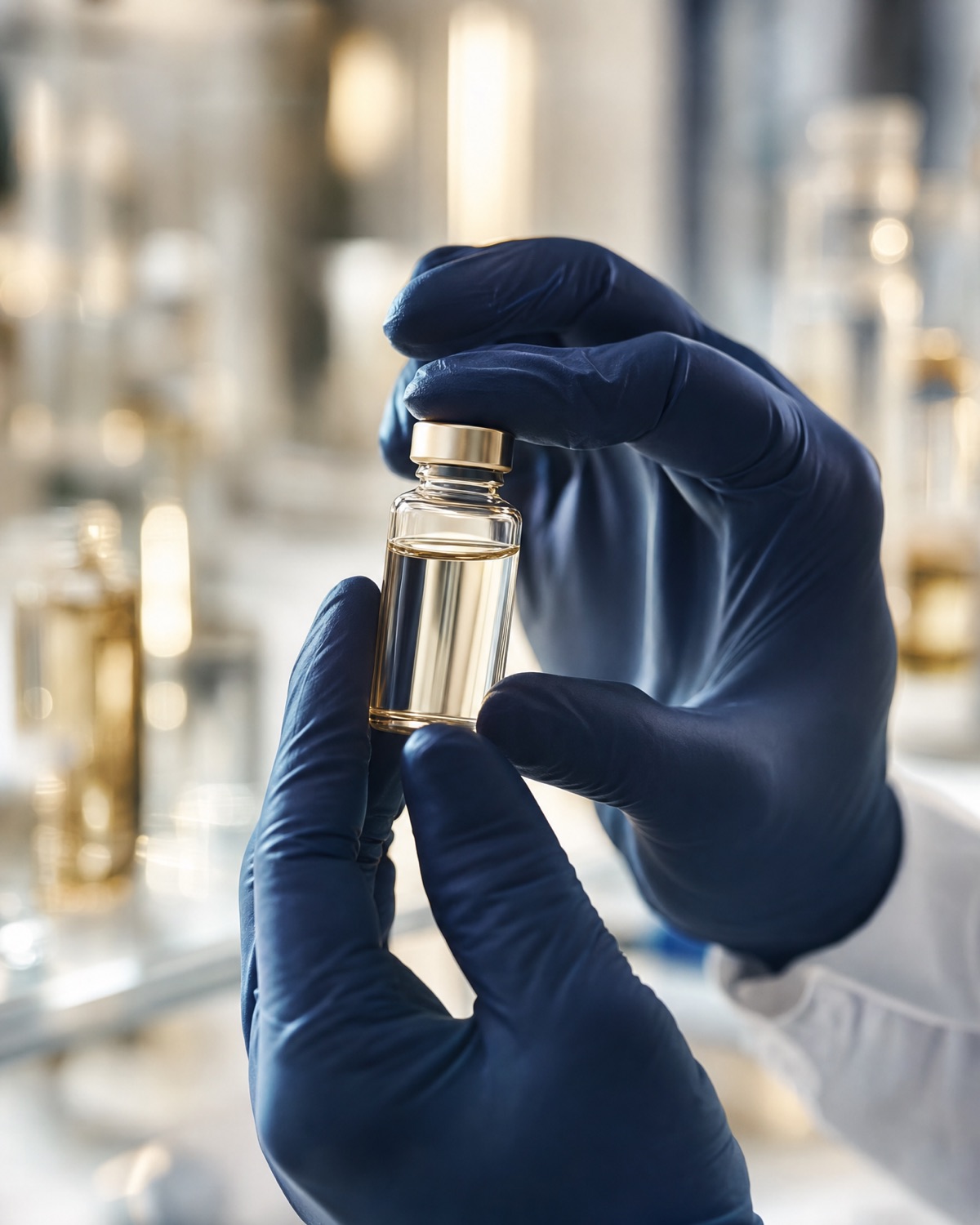 A researcher's gloved hands holding a vial in a modern laboratory